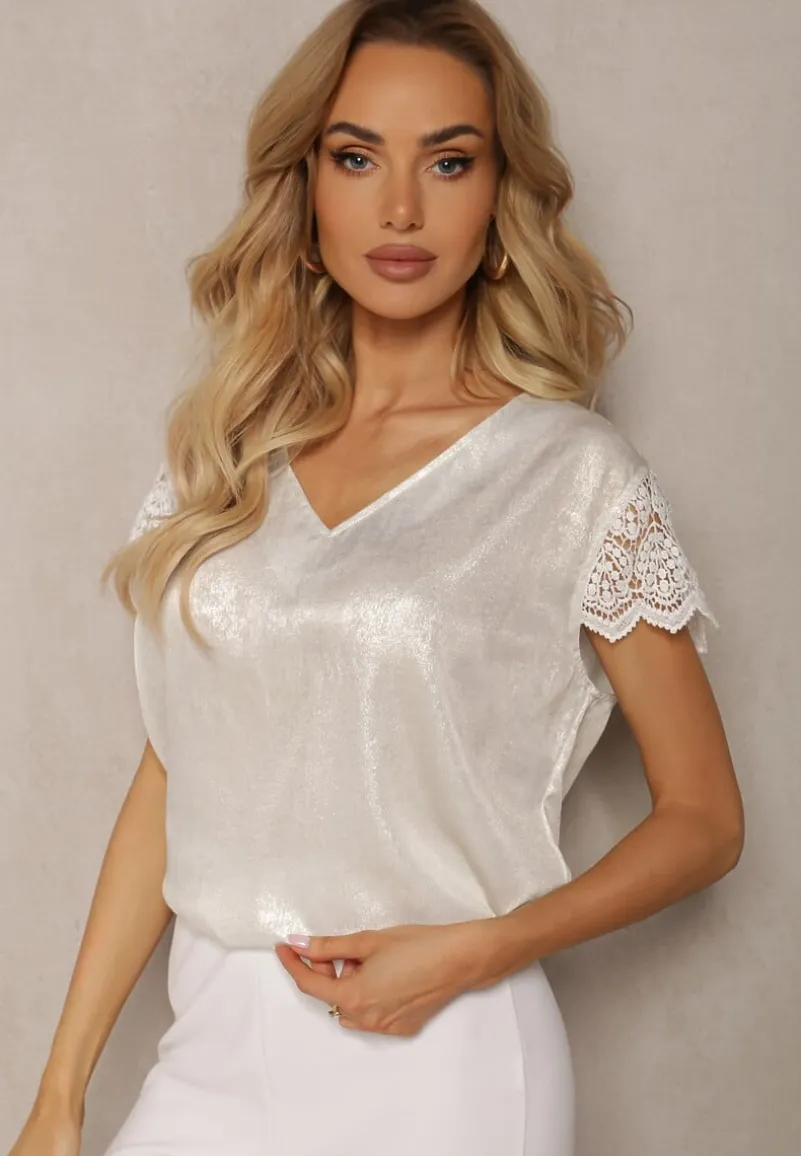 Srebrna Casualowa Bluzka z Koronką i Krótkim Rękawem Garista