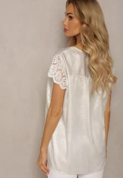 Srebrna Casualowa Bluzka z Koronką i Krótkim Rękawem Garista