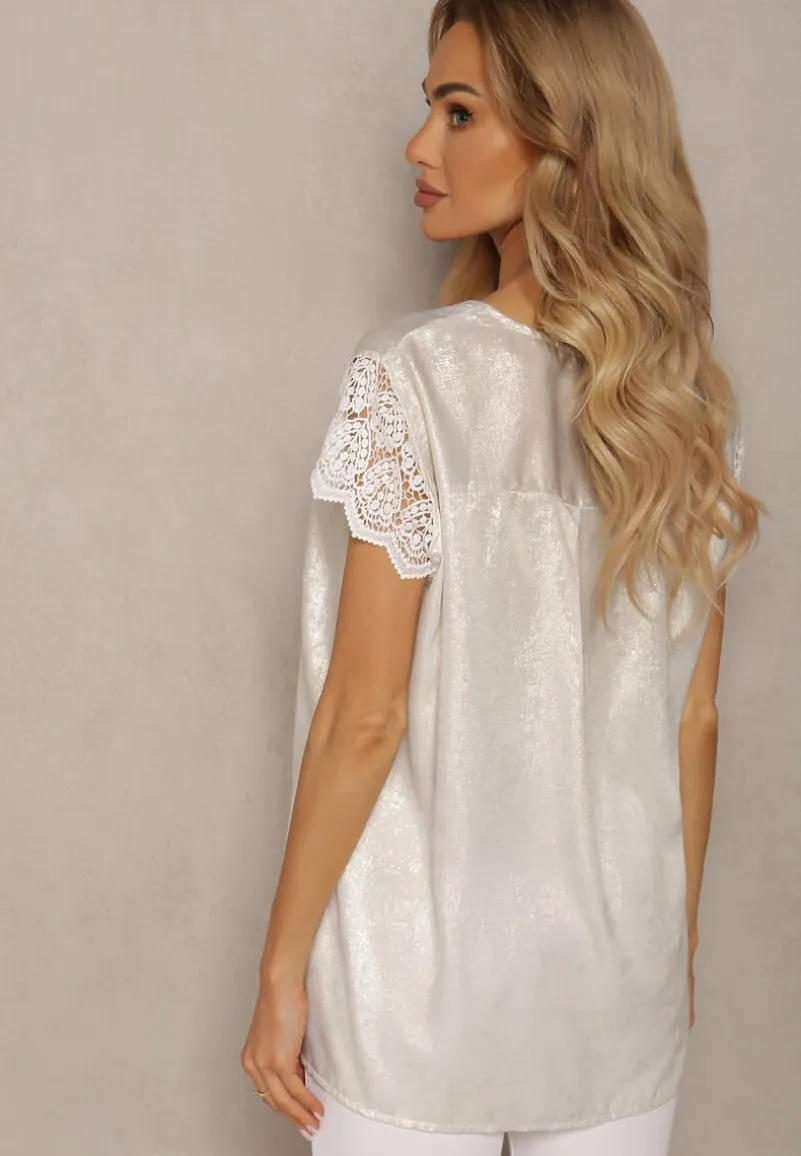 Srebrna Casualowa Bluzka z Koronką i Krótkim Rękawem Garista