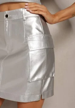 Srebrna Krótka Spódnica z Imitacji Skóry z Szerokimi Kieszeniami Cargo Frankas