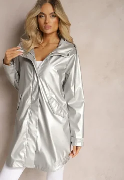 Srebrna Kurtka z Kapturem i Kieszeniami z Klapami Zapinana na Zamek Błyskawiczny Rallentara