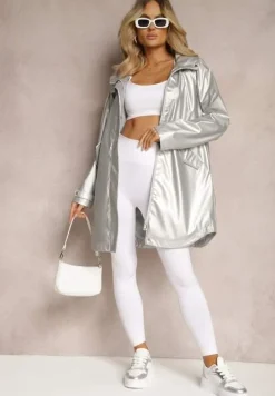 Srebrna Kurtka z Kapturem i Kieszeniami z Klapami Zapinana na Zamek Błyskawiczny Rallentara