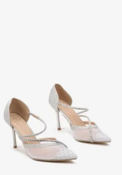 Srebrne Brokatowe Szpilki z Paskami w Cyrkonie Vendre