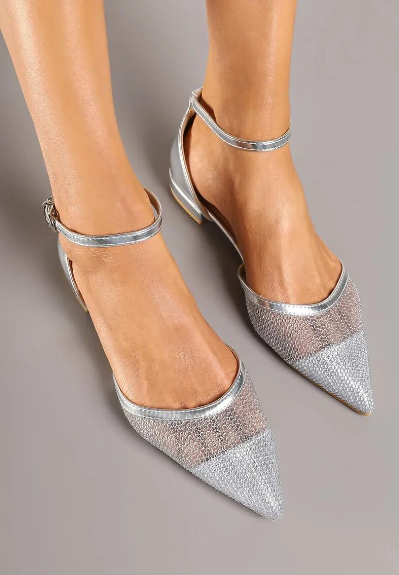 Srebrne Czółenka Baleriny na Płaskiej Podeszwie z Siateczkową Cholewką Neolindra