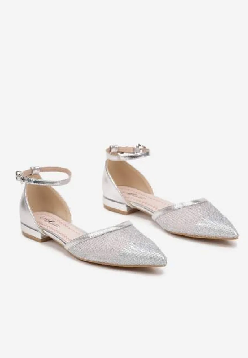 Srebrne Czółenka Baleriny na Płaskiej Podeszwie z Siateczkową Cholewką Neolindra