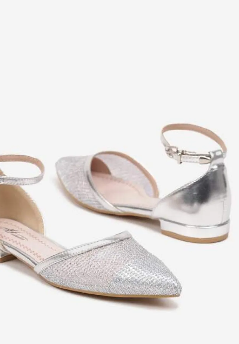 Srebrne Czółenka Baleriny na Płaskiej Podeszwie z Siateczkową Cholewką Neolindra