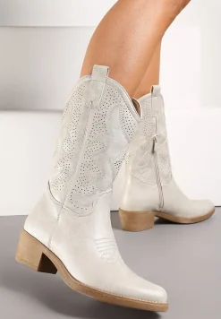 Srebrne Kowbojki Botki z Ozdobnymi Dziurkami na Łydce przed Kolano Erida