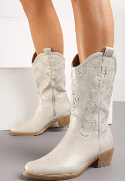 Srebrne Kowbojki Botki z Ozdobnymi Dziurkami na Łydce przed Kolano Erida