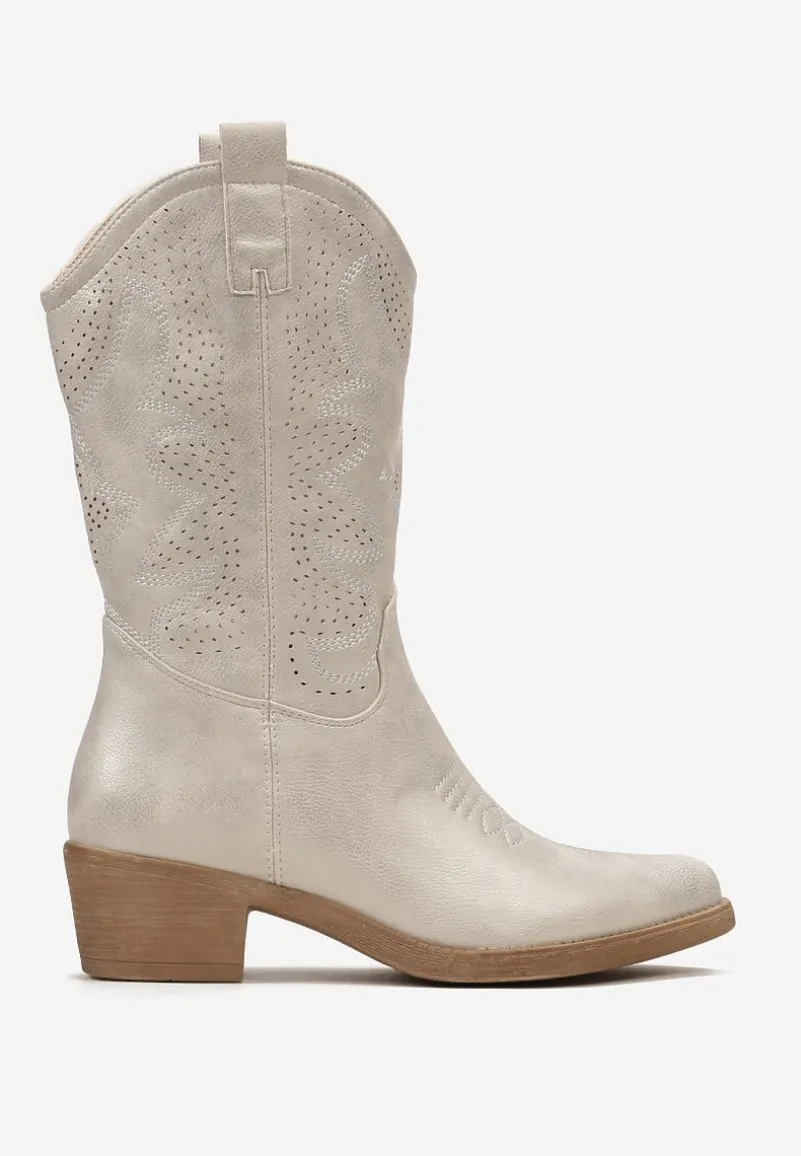 Srebrne Kowbojki Botki z Ozdobnymi Dziurkami na Łydce przed Kolano Erida