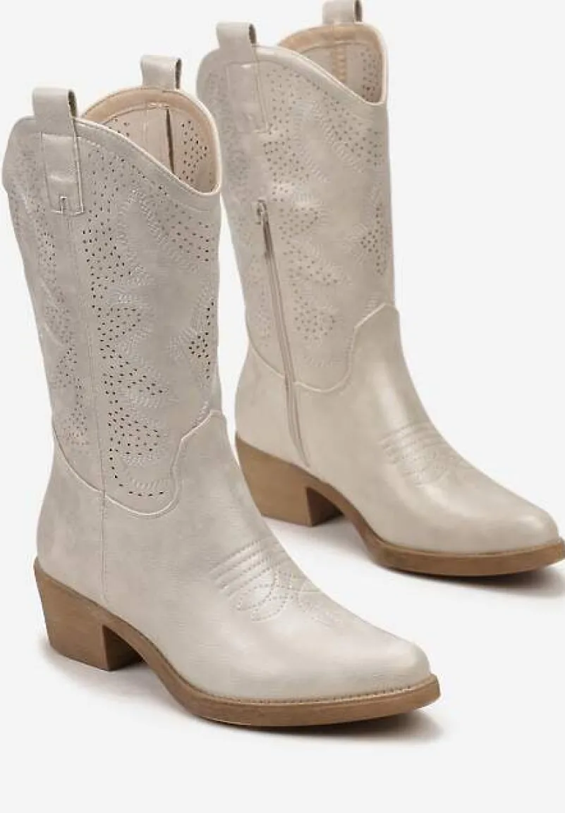 Srebrne Kowbojki Botki z Ozdobnymi Dziurkami na Łydce przed Kolano Erida