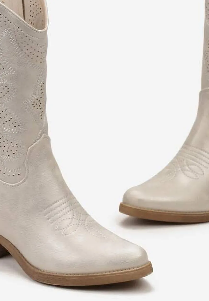 Srebrne Kowbojki Botki z Ozdobnymi Dziurkami na Łydce przed Kolano Erida