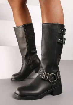 Srebrne Kozaki Biker na Słupku Wykończone Ozdobnymi Klamrami Nevamora