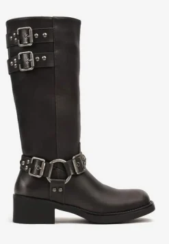 Srebrne Kozaki Biker na Słupku Wykończone Ozdobnymi Klamrami Nevamora