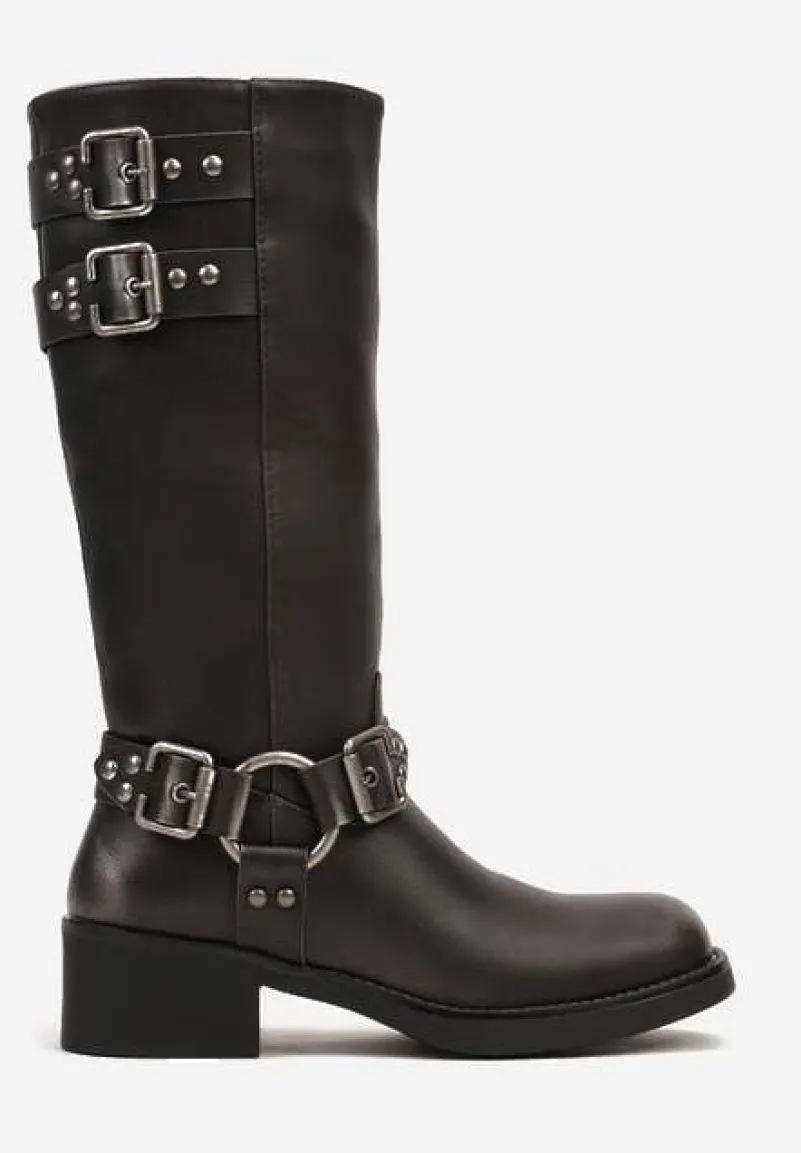 Srebrne Kozaki Biker na Słupku Wykończone Ozdobnymi Klamrami Nevamora