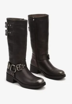 Srebrne Kozaki Biker na Słupku Wykończone Ozdobnymi Klamrami Nevamora