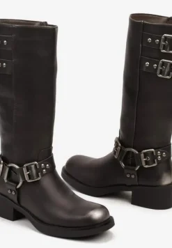 Srebrne Kozaki Biker na Słupku Wykończone Ozdobnymi Klamrami Nevamora