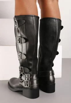 Srebrne Kozaki na Płaskiej Podeszwie w Stylu Biker Ozdobione Paskami z Regulacją Mevanisa