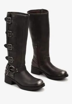 Srebrne Kozaki na Płaskiej Podeszwie w Stylu Biker Ozdobione Paskami z Regulacją Mevanisa