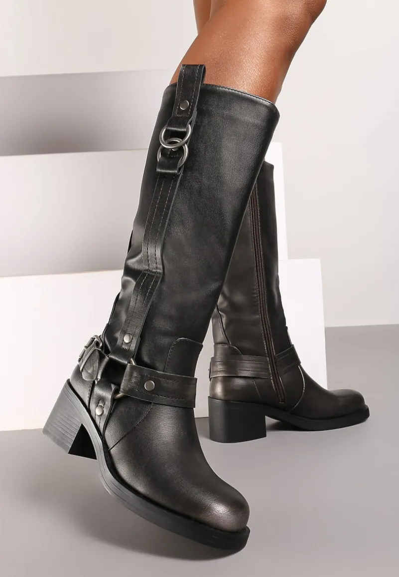 Srebrne Kozaki na Słupku w Stylu Bikerów z Klamrami Velarisea