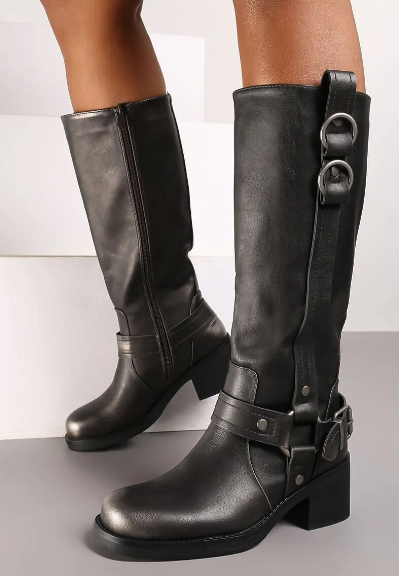 Srebrne Kozaki na Słupku w Stylu Bikerów z Klamrami Velarisea