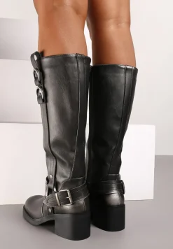 Srebrne Kozaki na Słupku w Stylu Bikerów z Klamrami Velarisea