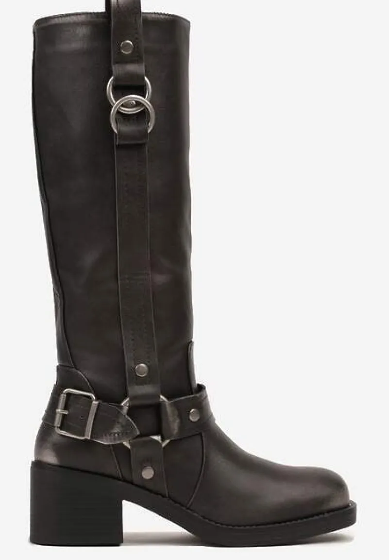 Srebrne Kozaki na Słupku w Stylu Bikerów z Klamrami Velarisea