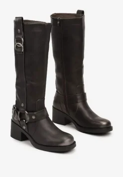 Srebrne Kozaki na Słupku w Stylu Bikerów z Klamrami Velarisea