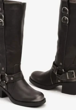 Srebrne Kozaki na Słupku w Stylu Bikerów z Klamrami Velarisea