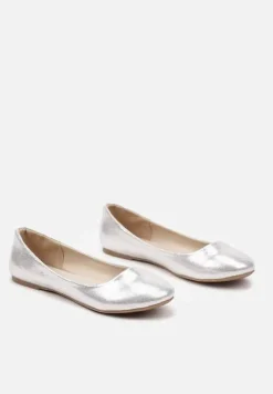 Srebrne Lakierowane Balerinki z Wkładką ze Skóry Naturalnej Norabis