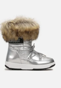 Srebrne Lakierowane Śniegowce Ozdobione Taśmą z Napisem i Futerkiem Altsie