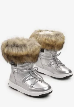 Srebrne Lakierowane Śniegowce Ozdobione Taśmą z Napisem i Futerkiem Altsie