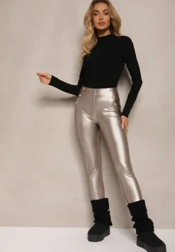 Srebrne Legginsy High Waist z Imitacji Skóry z Gumką w Pasie Ozdobione Guzikami Sinairis