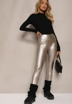 Srebrne Legginsy High Waist z Imitacji Skóry z Gumką w Pasie Ozdobione Guzikami Sinairis