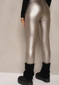 Srebrne Legginsy High Waist z Imitacji Skóry z Gumką w Pasie Ozdobione Guzikami Sinairis