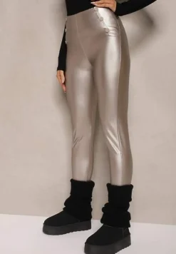 Srebrne Legginsy High Waist z Imitacji Skóry z Gumką w Pasie Ozdobione Guzikami Sinairis