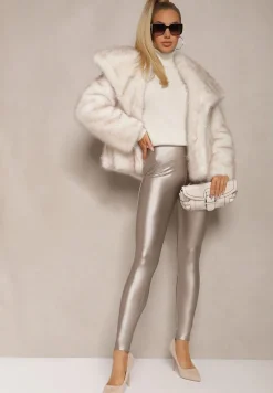Srebrne Legginsy z Imitacji Skóry High Waist z Polarem Labrinne