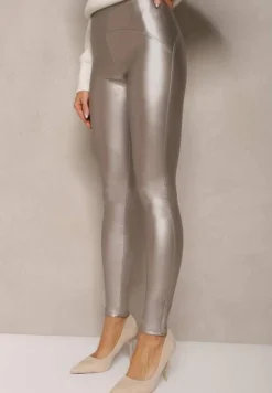 Srebrne Legginsy z Imitacji Skóry High Waist z Polarem Labrinne