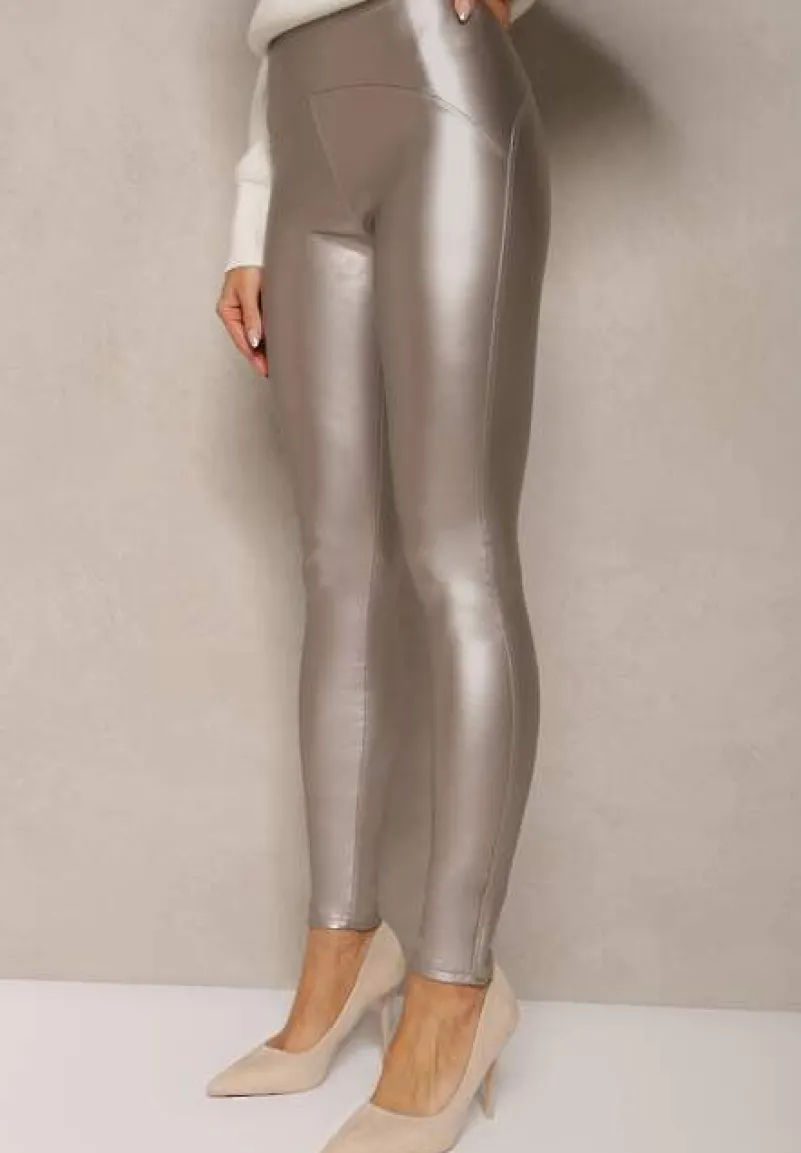 Srebrne Legginsy z Imitacji Skóry High Waist z Polarem Labrinne