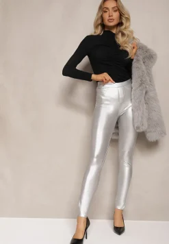 Srebrne Legginsy z Imitacji Skóry High Waist Noriel