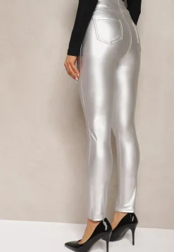 Srebrne Legginsy z Imitacji Skóry High Waist Noriel