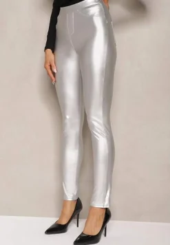 Srebrne Legginsy z Imitacji Skóry High Waist Noriel