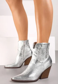 Srebrne Metaliczne Botki w Stylu Kowbojek z Ozdobnymi Przeszyciami Laontia