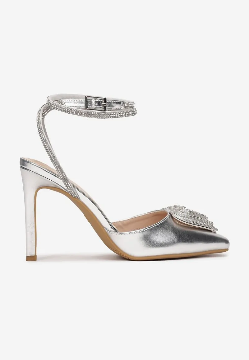 Srebrne Metaliczne Sandały na Obcasie z Cyrkoniami Florivia
