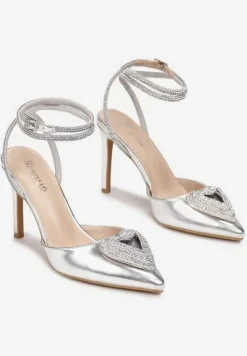 Srebrne Metaliczne Sandały na Obcasie z Cyrkoniami Florivia