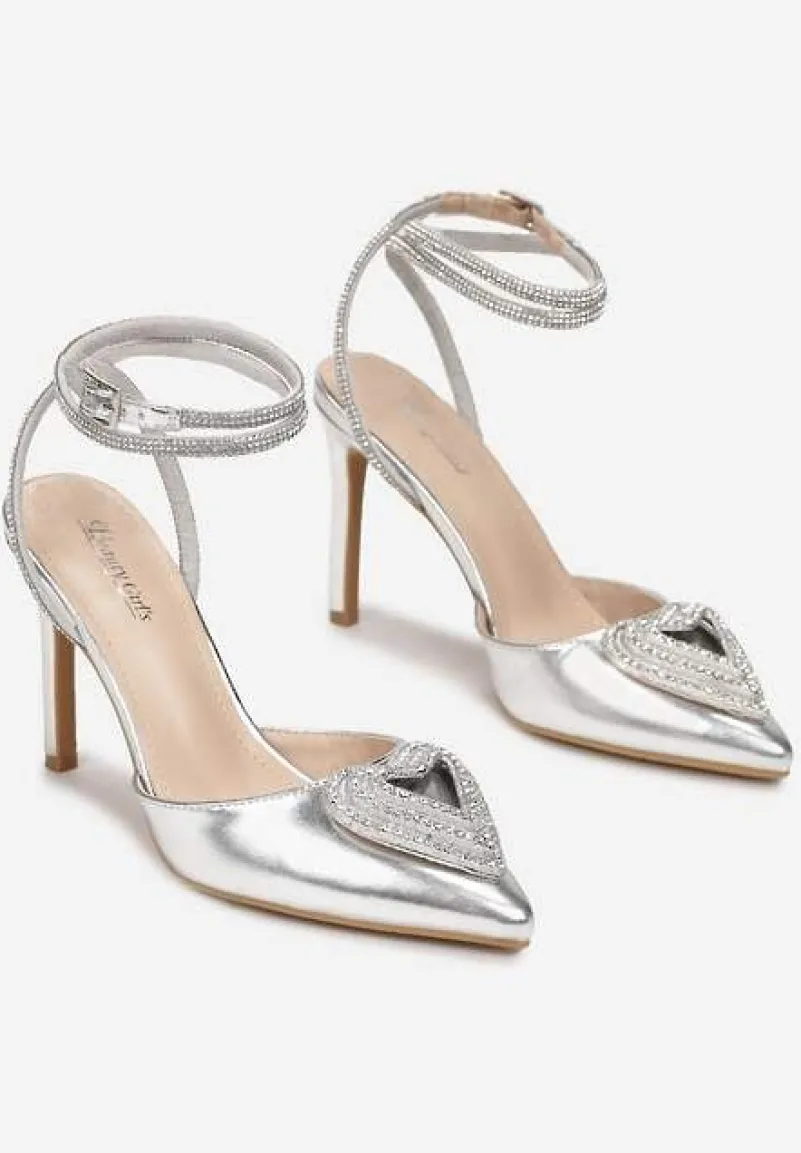 Srebrne Metaliczne Sandały na Obcasie z Cyrkoniami Florivia