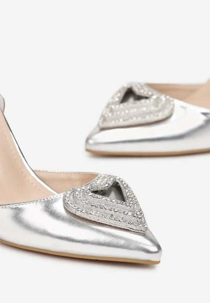 Srebrne Metaliczne Sandały na Obcasie z Cyrkoniami Florivia