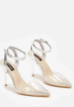 Srebrne Metaliczne Szpilki z Transparentną Cholewką i Cyrkoniami Mitanea