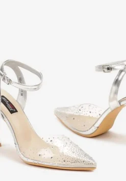 Srebrne Metaliczne Szpilki z Transparentną Cholewką i Cyrkoniami Mitanea