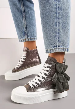 Srebrne Metaliczne Trampki za Kostkę na Grubej Podeszwie z Aplikacją w Kształcie Misia Ivarina