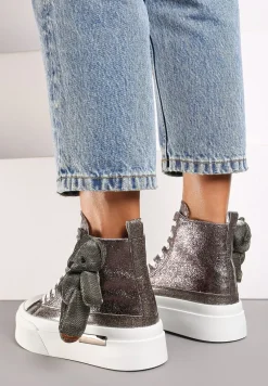 Srebrne Metaliczne Trampki za Kostkę na Grubej Podeszwie z Aplikacją w Kształcie Misia Ivarina